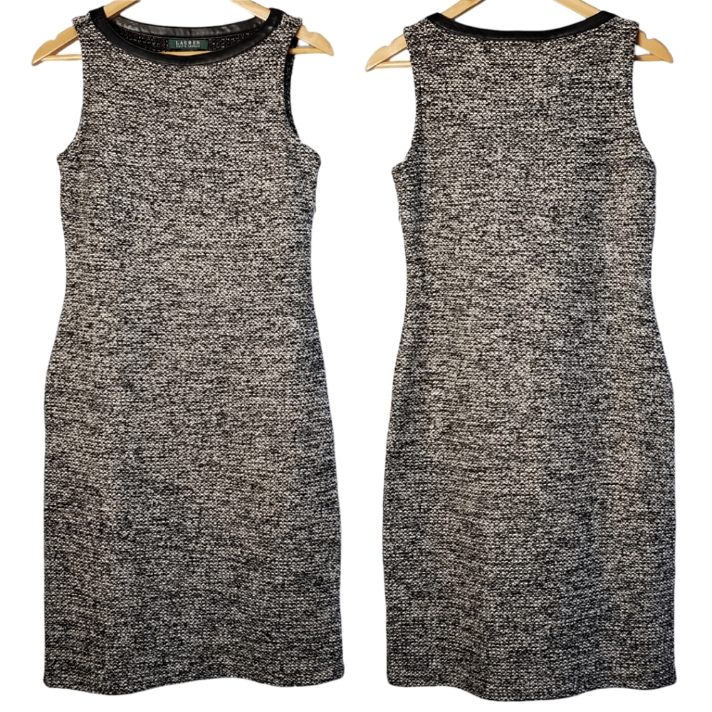 Lauren Ralph Lauren Tweed Shift Dress with Faux Leather Trim